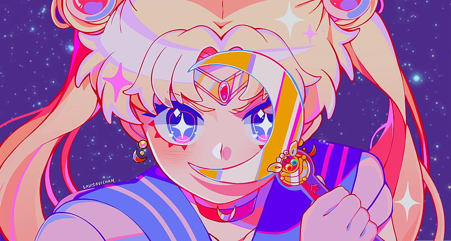 Sailor Moon holding a magical mirror with a starry night background in vibrant anime style HD wallpaper