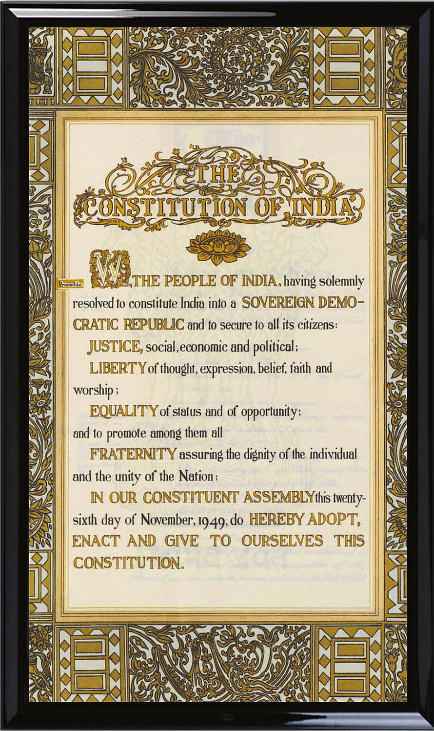 Framed Preamble of the Constitution of India with ornate gold and black decorative borders HD phone wallpaper
