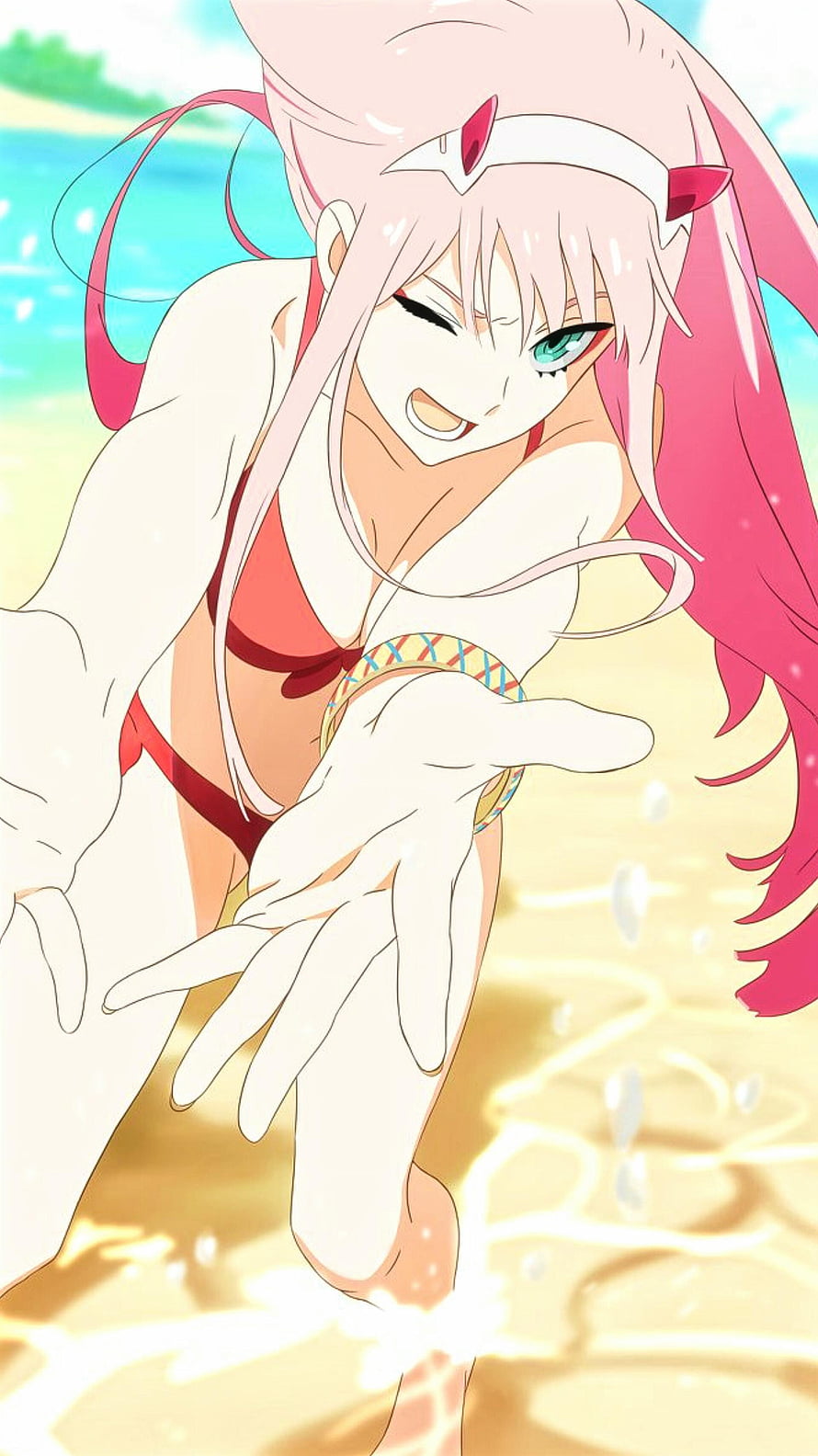 Zero Two in Red Bikini on Sunny Beach with White Gloves and Headband HD phone wallpaper