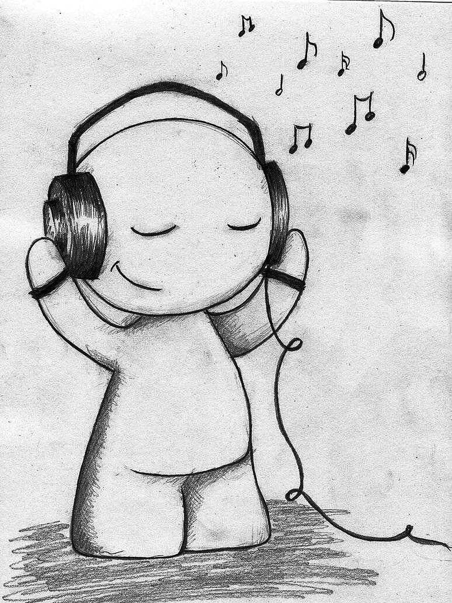 Cute Chibi Character Enjoying Music With Headphones Pencil Sketch HD phone wallpaper