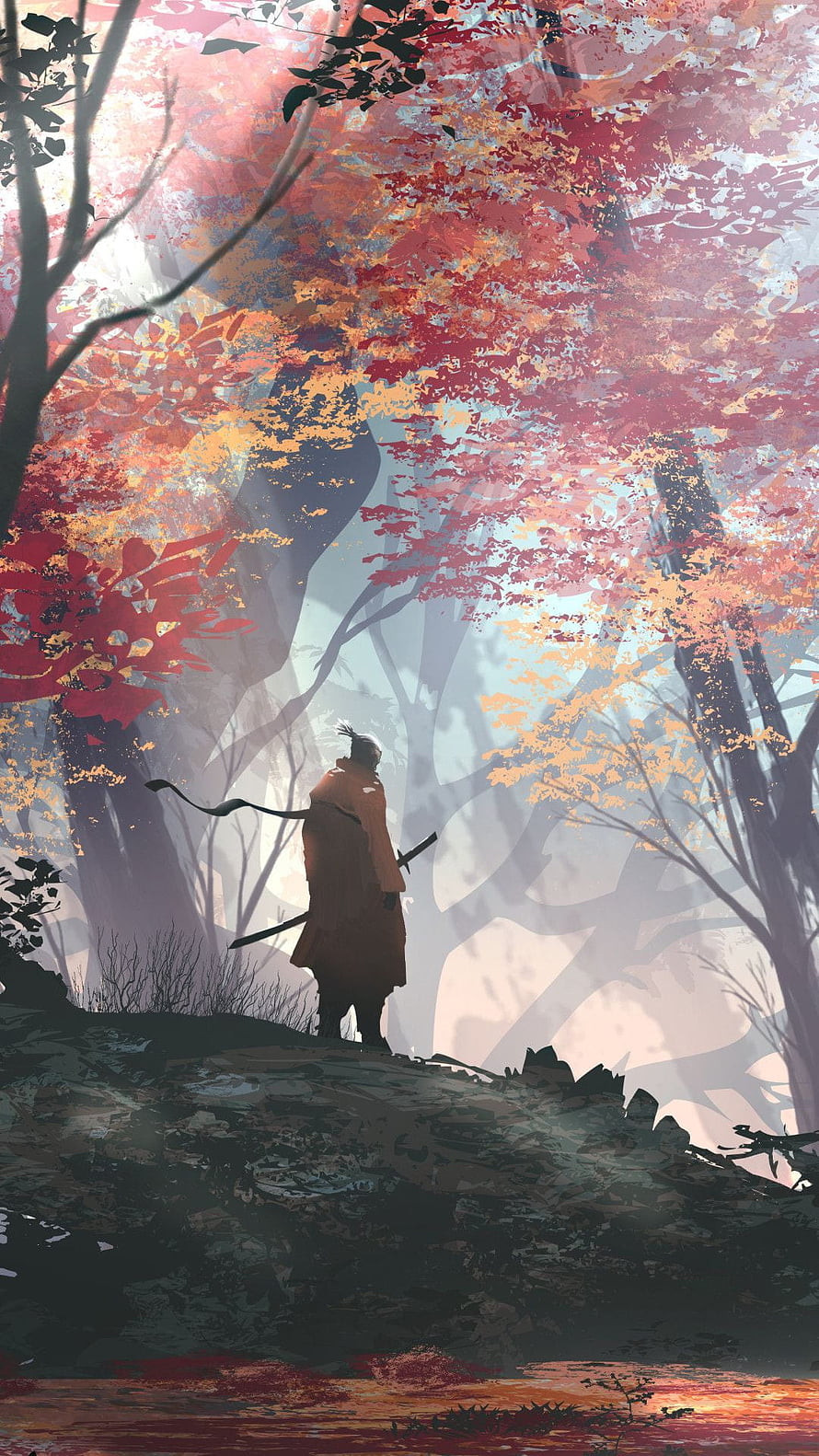 Samurai standing in autumn forest with red maple leaves and misty atmosphere HD phone wallpaper