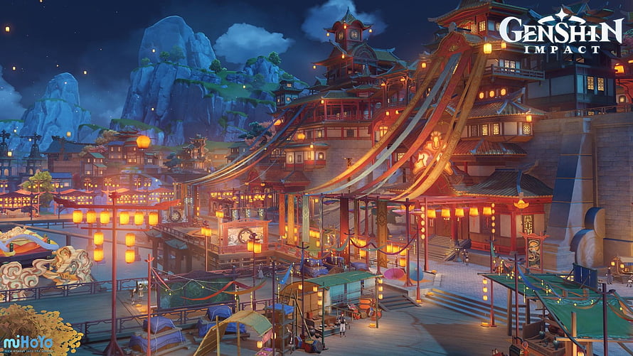 Genshin Impact Liyue Harbor Night Scene with Lanterns and Traditional Architecture HD wallpaper