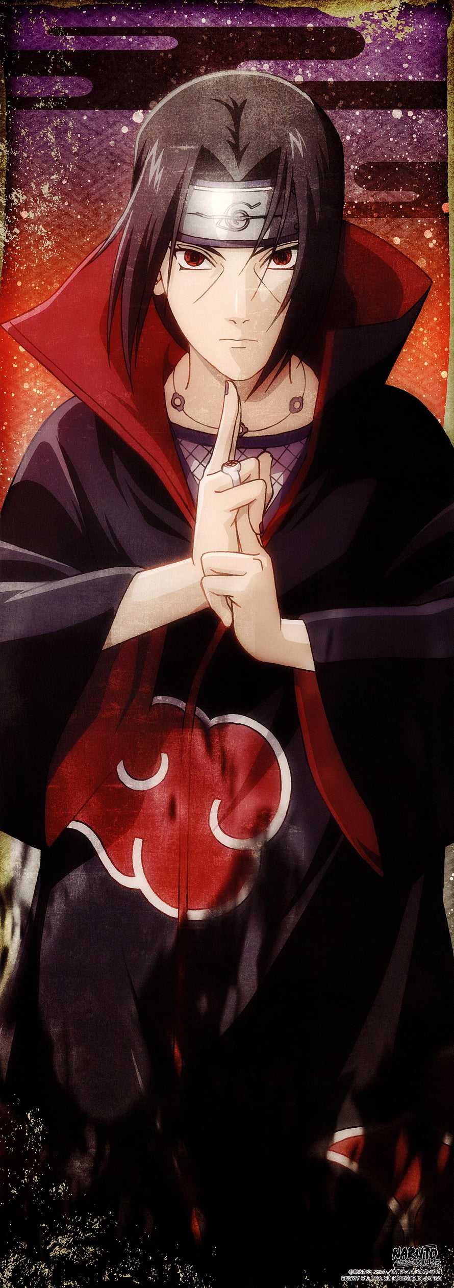 Uchiha Itachi in Akatsuki Cloak Performing Hand Seal Against Purple and Orange Gradient Background HD phone wallpaper