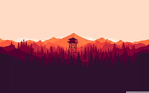 Stylized Fire Lookout Tower in Pine Forest at Sunset with Mountain Silhouettes HD wallpaper