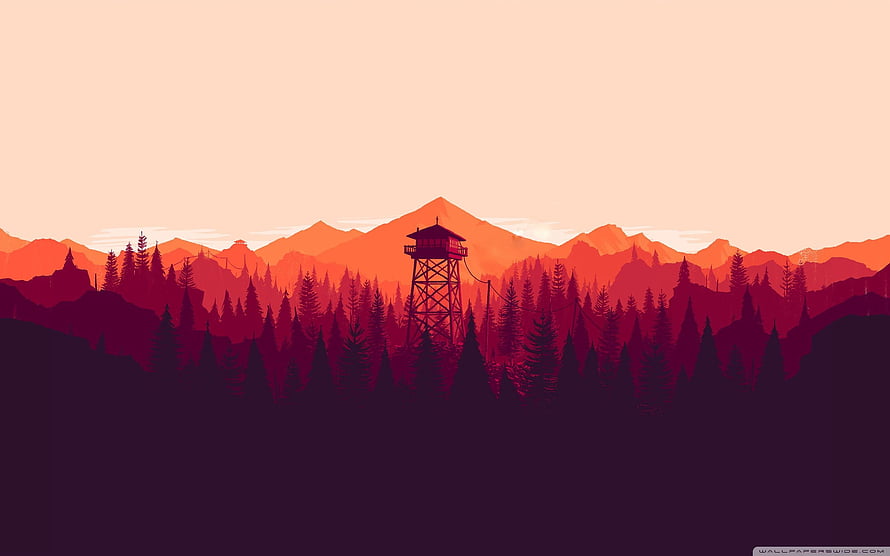Stylized Fire Lookout Tower in Pine Forest at Sunset with Mountain Silhouettes HD wallpaper