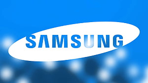 Samsung Corporate Logo on Blue Bokeh Background HD wallpaper