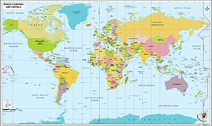 Colorful Political World Map Showing Countries and Capitals HD wallpaper