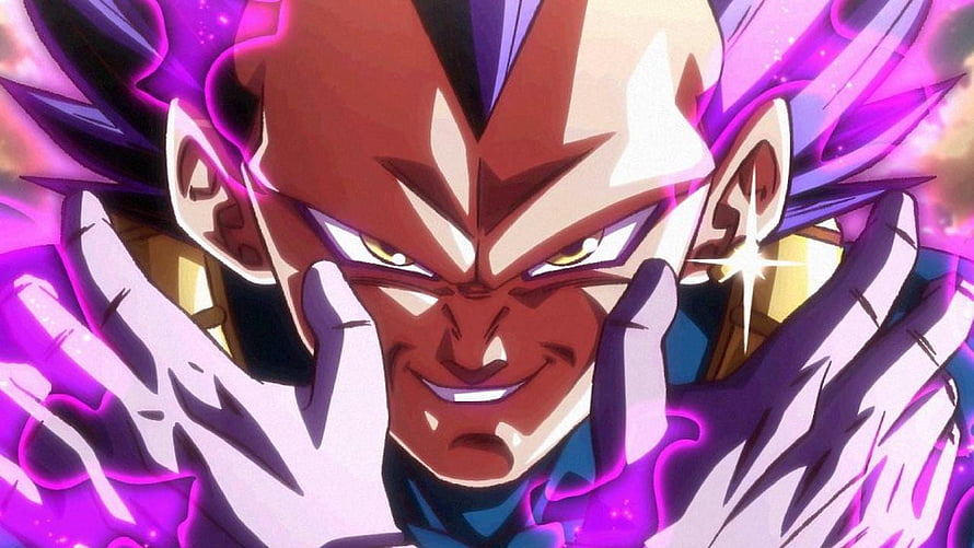 Vegeta in Ultra Ego form with purple aura and intense expression HD wallpaper