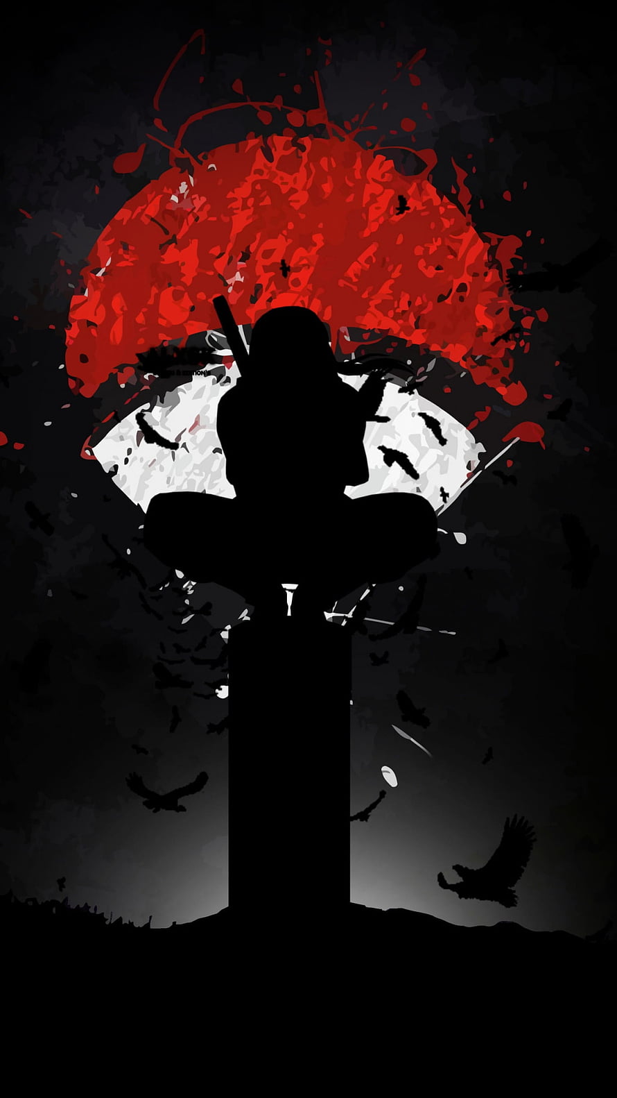 Itachi Uchiha Silhouette with Red Moon and Crows in Dark Minimalist Style HD phone wallpaper