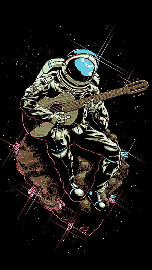 Psychedelic Astronaut Playing Acoustic Guitar on a Floating Asteroid in Deep Space HD phone wallpaper