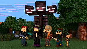 Minecraft Wither Skeleton and Custom Skinned Characters in Blocky Forest HD wallpaper