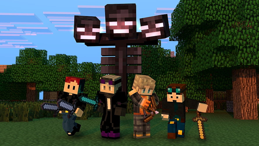 Minecraft Wither Skeleton and Custom Skinned Characters in Blocky Forest HD wallpaper