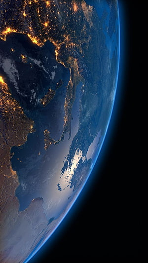 Earth at Night from Space: City Lights and Blue Atmosphere Over the Pacific Rim HD phone wallpaper