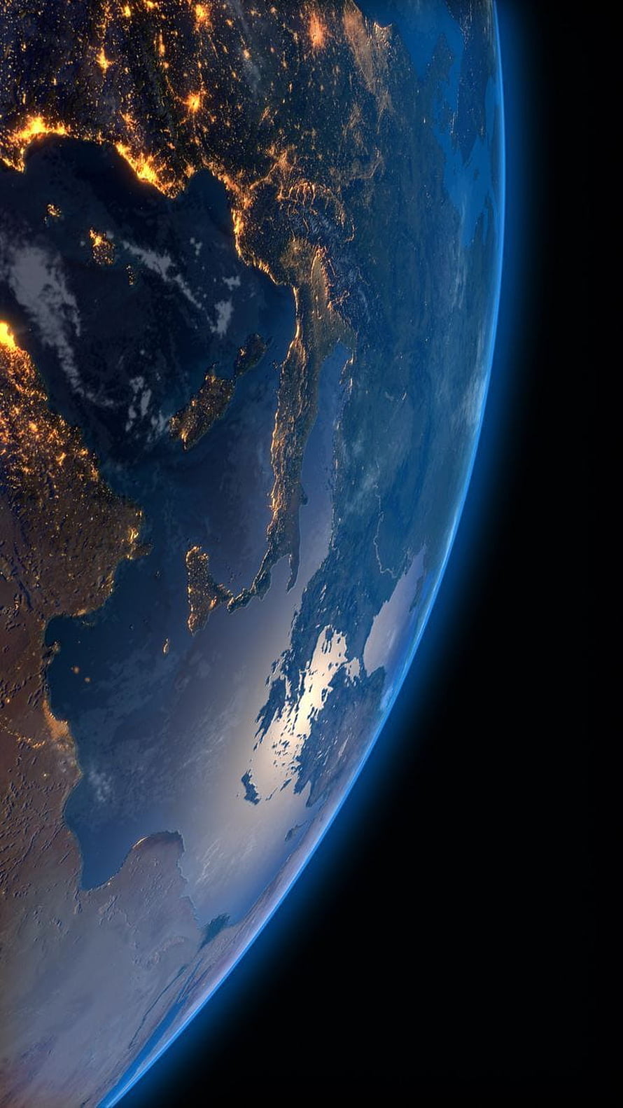 Earth at Night from Space: City Lights and Blue Atmosphere Over the Pacific Rim HD phone wallpaper