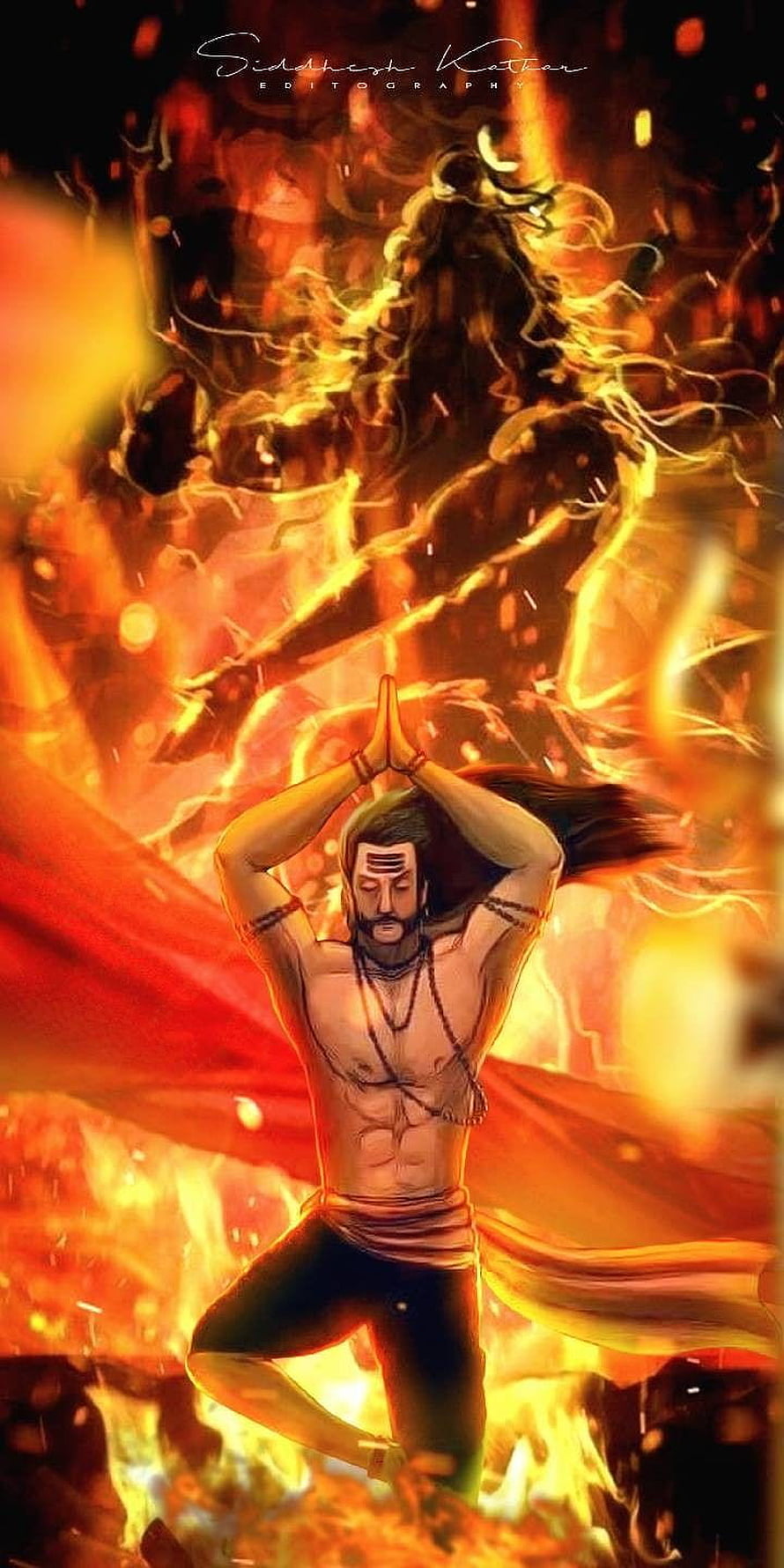 Ravana in Yoga Pose Amidst Fiery Inferno Digital Art HD phone wallpaper