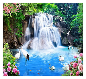 Serene Waterfall Landscape with Cranes, Swans, and Vibrant Pink Flowers in a Lush Green Forest HD wallpaper