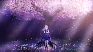 Kamisato Ayaka Under a Glowing Cherry Blossom Tree in Genshin Impact HD wallpaper
