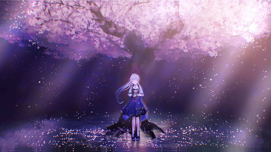 Kamisato Ayaka Under a Glowing Cherry Blossom Tree in Genshin Impact HD wallpaper