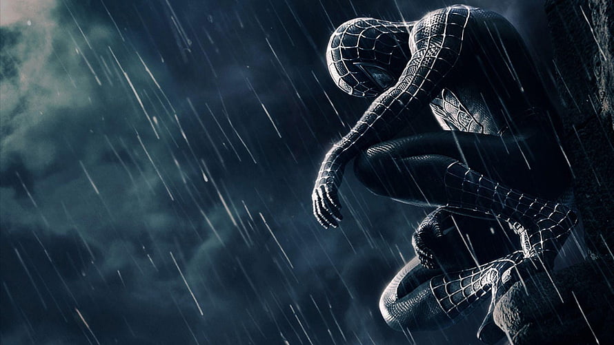 Spider-Man in Black Suit Sitting in Heavy Rain with Dark Moody Atmosphere, rain, Spider, spiderman 3 black suit HD wallpaper