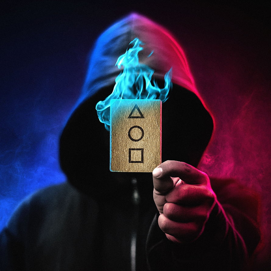 Squid Game Hooded Figure Holding Burning Card with Triangle Circle Square Symbols HD phone wallpaper