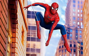 Spider-Man Swinging Through City Skyscrapers in Classic Red and Blue Suit, Spiderman High Resolution In Action, #spiderman HD wallpaper