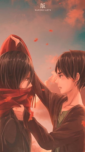 Eren and Mikasa in a Romantic Anime Illustration with Red Scarf and Sunset Sky HD phone wallpaper