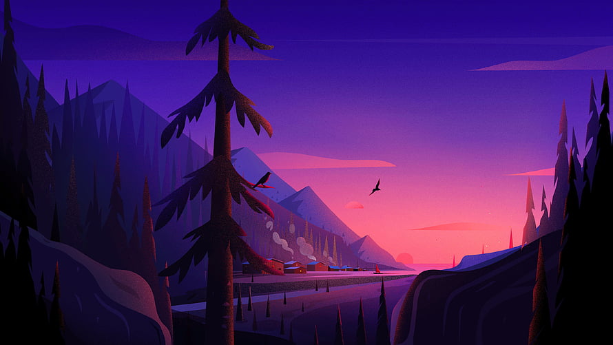 Stylized Vector Illustration of a Purple Mountain Valley at Sunset with Pine Trees HD wallpaper