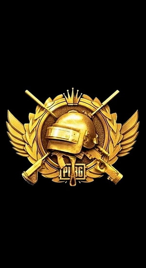 Golden PUBG Mobile Crown Emblem with Helmet and Crossed Guns on Black Background HD phone wallpaper