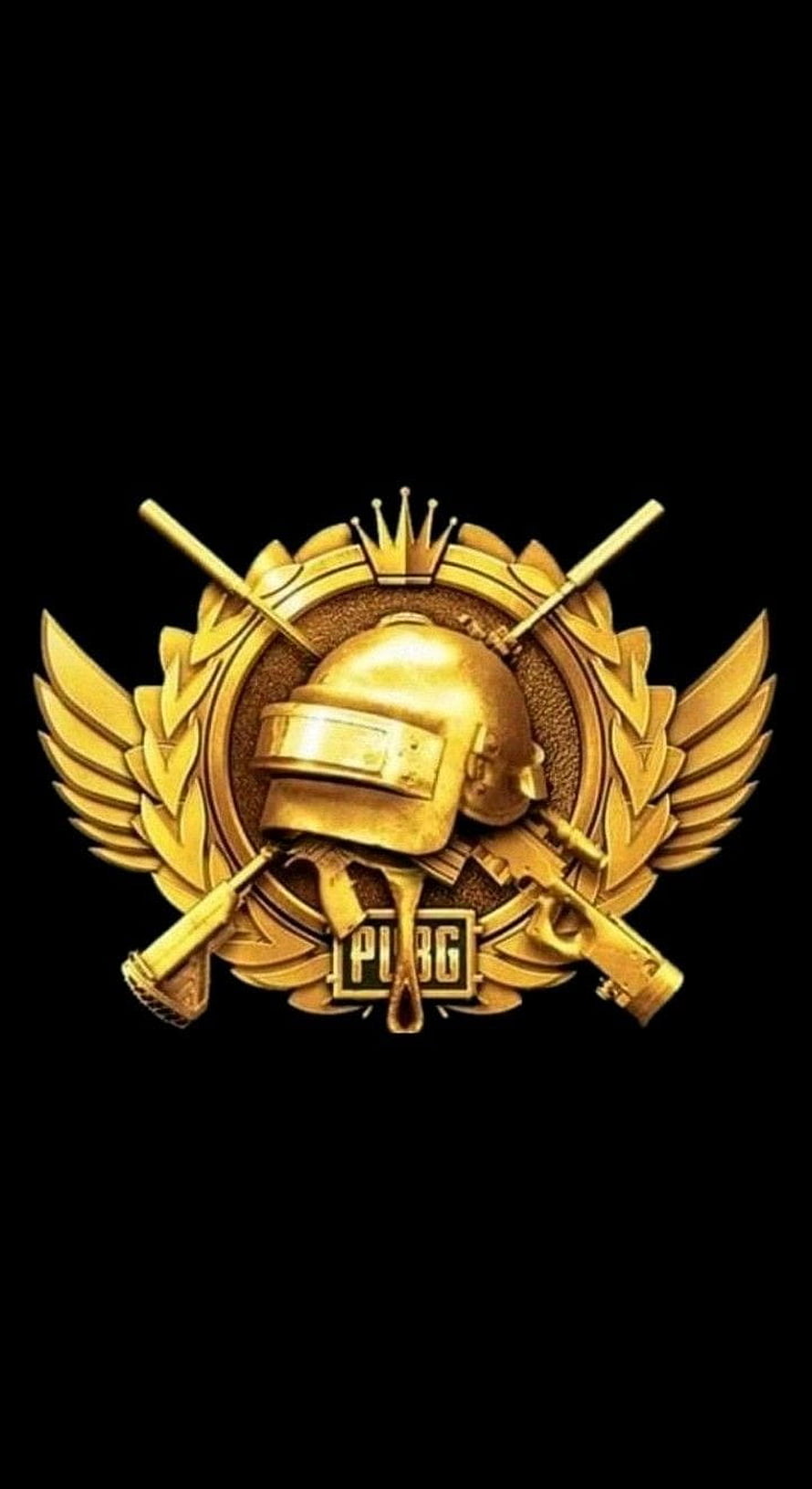 Golden PUBG Mobile Crown Emblem with Helmet and Crossed Guns on Black Background HD phone wallpaper