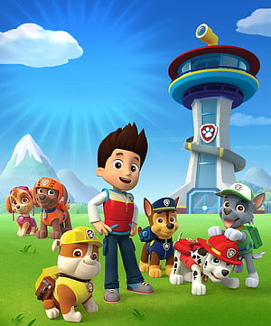 Paw Patrol Team and Ryder Standing in Front of Lookout Tower on a Sunny Day HD phone wallpaper