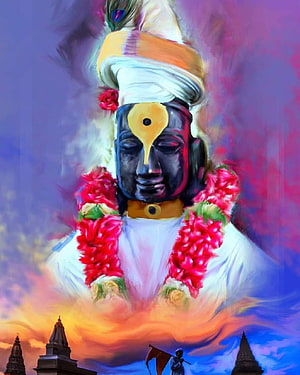 Vibrant Digital Painting of Lord Vitthal with Turban and Floral Garland HD phone wallpaper