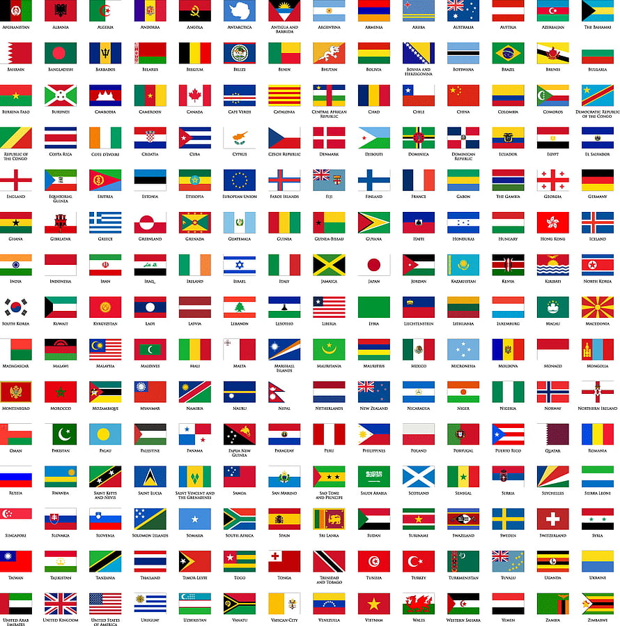 Complete collection of world country flags arranged in a grid with names HD phone wallpaper