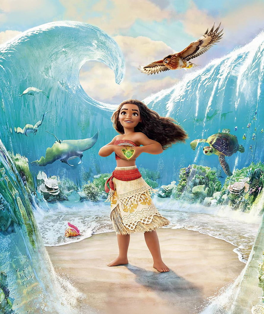 Moana standing on a tropical beach with giant ocean waves, a manta ray, sea turtle, and flying hawk in the background HD phone wallpaper
