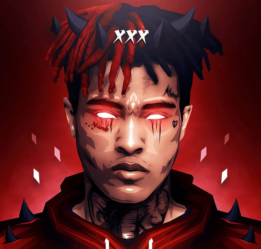XXXTentacion Digital Art Portrait with Red Glowing Eyes and Spiked Hair HD wallpaper