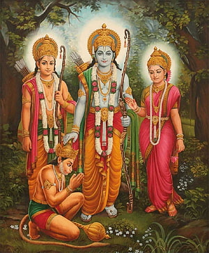Lord Rama, Sita, and Lakshmana Blessing Hanuman in a Lush Forest Setting, Ram Sita, ramsita HD phone wallpaper