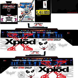 Xplod New Star Group bus livery design featuring Joker face, red graffiti, and Malayalam text HD phone wallpaper