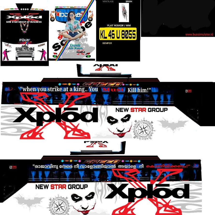 Xplod New Star Group bus livery design featuring Joker face, red graffiti, and Malayalam text HD phone wallpaper