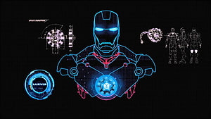 Iron Man Holographic Blueprint with JARVIS Interface and Arc Reactor Schematic, Iron Man Jarvis, neon arc reactor HD wallpaper