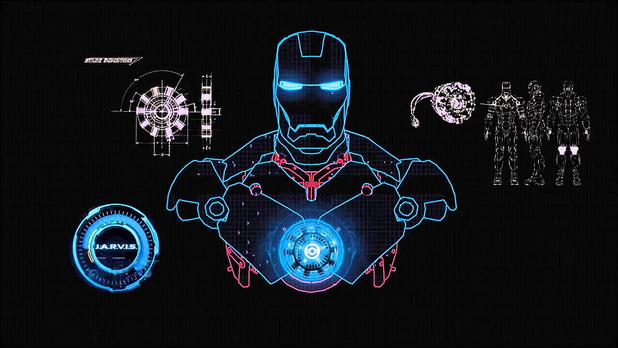 Iron Man Holographic Blueprint with JARVIS Interface and Arc Reactor Schematic, Iron Man Jarvis, neon arc reactor HD wallpaper