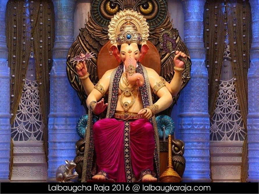 Lalbaugcha Raja Ganesha Murti with Ornate Crown and Pink Dhoti HD wallpaper