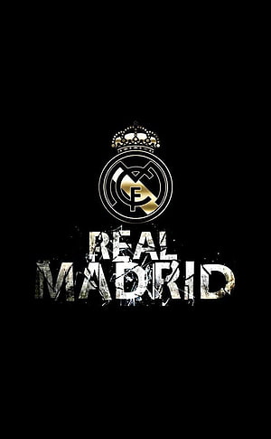 Real Madrid Club Crest with Gold Crown and Distressed Typography on Black Background HD phone wallpaper