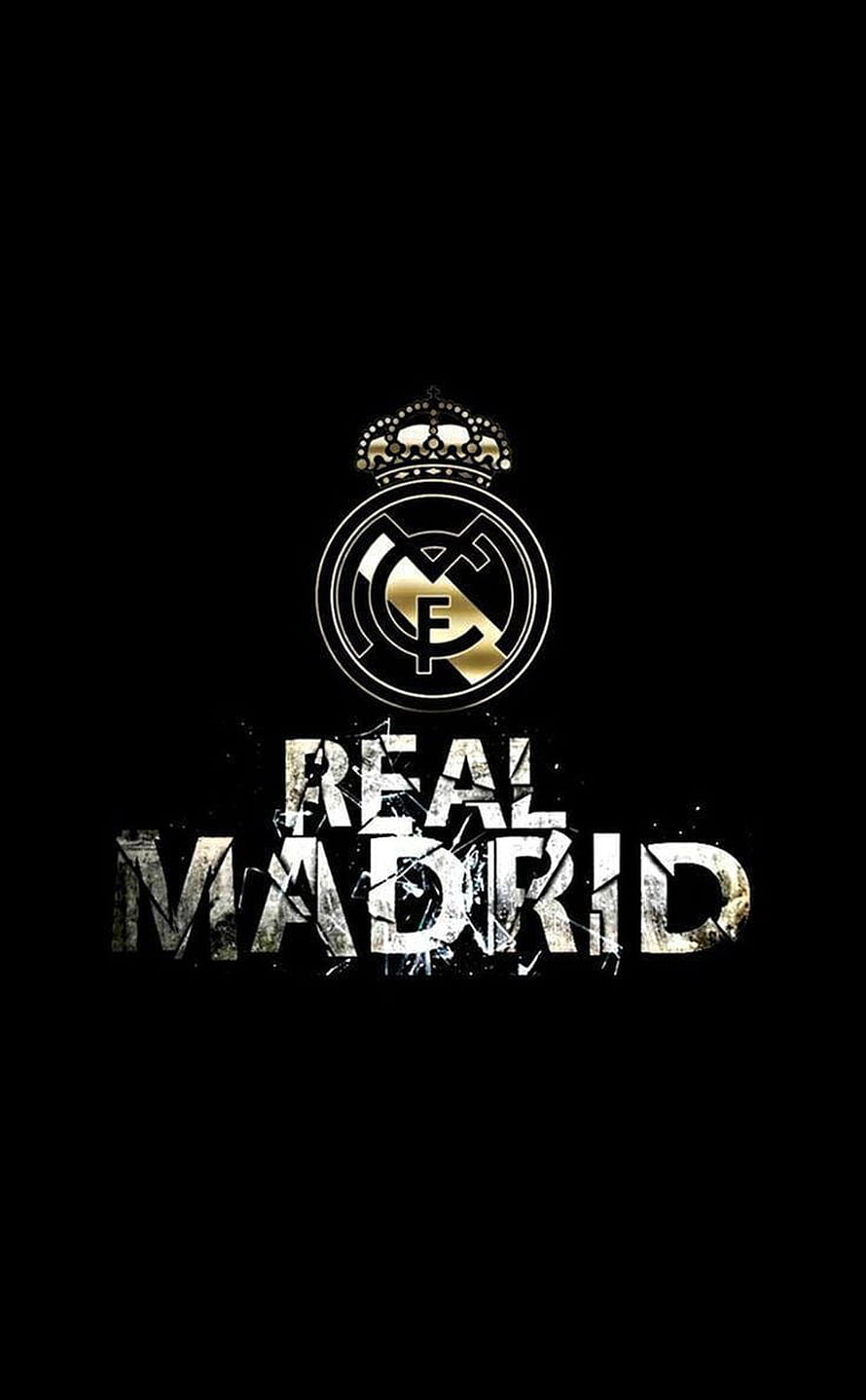Real Madrid Club Crest with Gold Crown and Distressed Typography on Black Background HD phone wallpaper