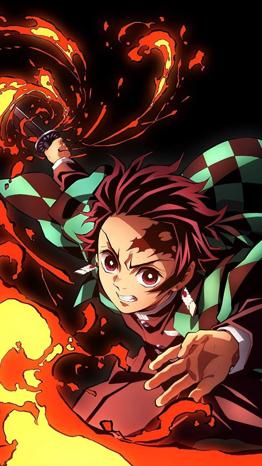 Tanjiro Kamado wielding Hinokami Kagura flame sword attack in Demon Slayer anime style HD phone wallpaper
