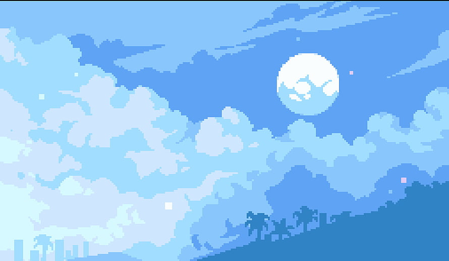 Pixel Art Sky with Moon and Clouds in Soft Blue Tones HD wallpaper