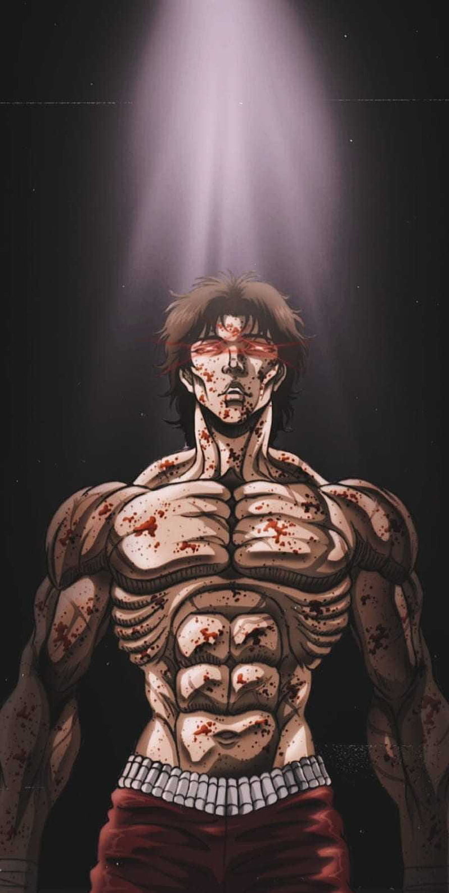 Baki Grappler Blood-Splattered Muscular Anime Character Standing Under Dramatic Spotlight HD phone wallpaper