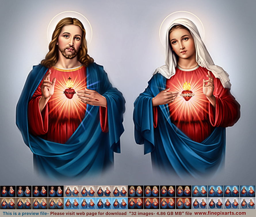 Sacred Art of Sacred Hearts of Jesus and Mary with Glowing Halos and Blue Robes HD wallpaper