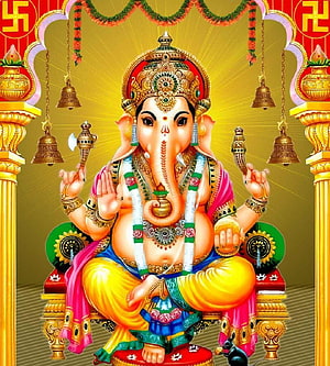 Lord Ganesha Sitting on Throne with Modak and Axe Hindu God Wallpaper HD phone wallpaper