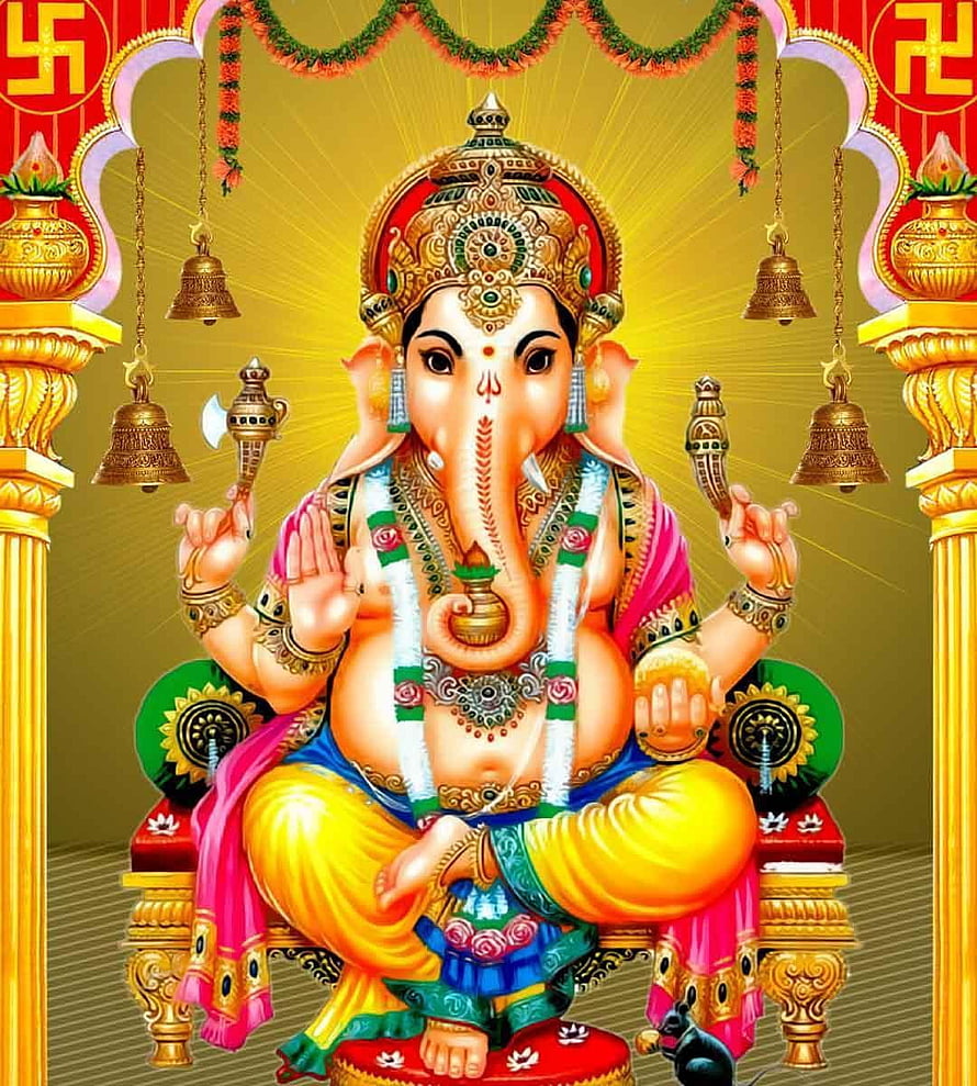 Lord Ganesha Sitting on Throne with Modak and Axe Hindu God Wallpaper HD phone wallpaper