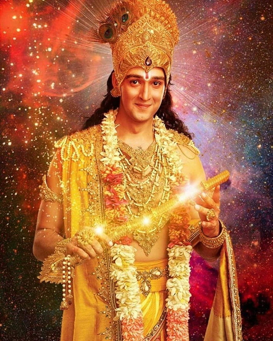 Lord Krishna in Golden Attire with Peacock Feather Crown and Flute HD phone wallpaper