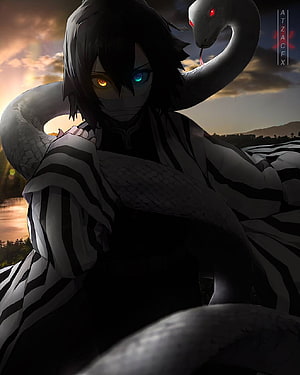 Obanai Iguro from Demon Slayer with White Snake in Dramatic Sunset Landscape HD phone wallpaper